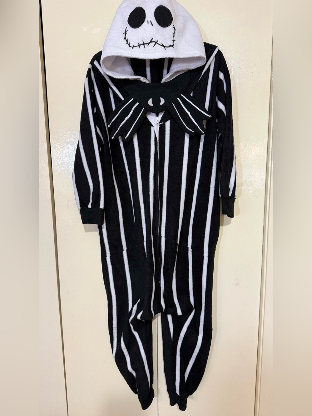 Kids Black & White Striped Jack Skellington Hooded One-Piece Pajamas